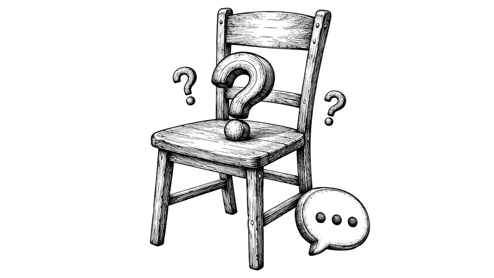 Schizzo di una sedia vuota con un grande punto interrogativo sopra la seduta e un fumetto di chat accanto